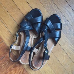 Clark’s black leather strap sandals